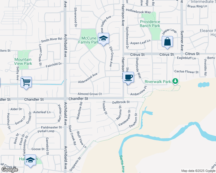 map of restaurants, bars, coffee shops, grocery stores, and more near 7711 Nut Grove Court in Corona
