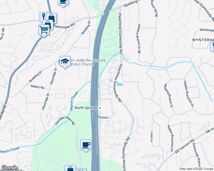 map of restaurants, bars, coffee shops, grocery stores, and more near 7150 Peachtree Dunwoody Road in Atlanta