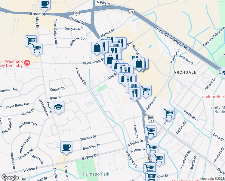 map of restaurants, bars, coffee shops, grocery stores, and more near 821 Jessamine Trail in Sumter
