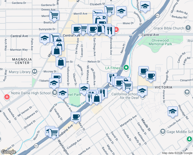 map of restaurants, bars, coffee shops, grocery stores, and more near 6529 San Diego Avenue in Riverside
