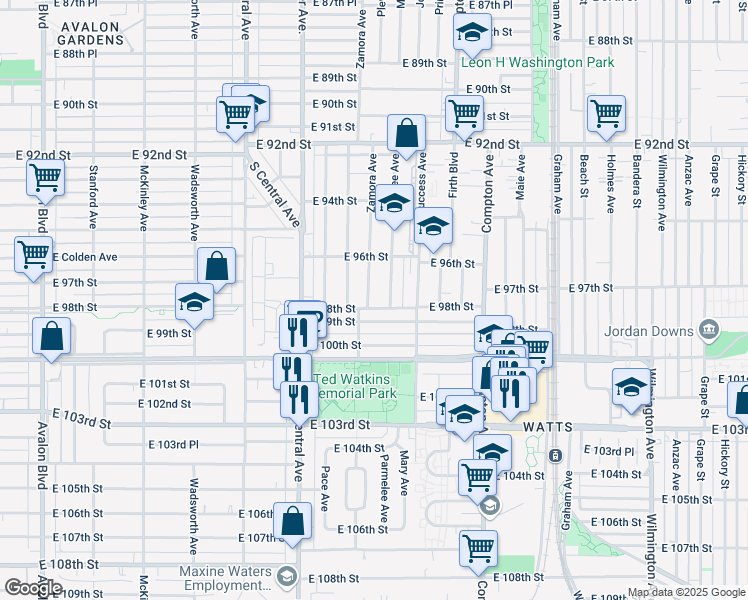 map of restaurants, bars, coffee shops, grocery stores, and more near 9726 Zamora Avenue in Los Angeles