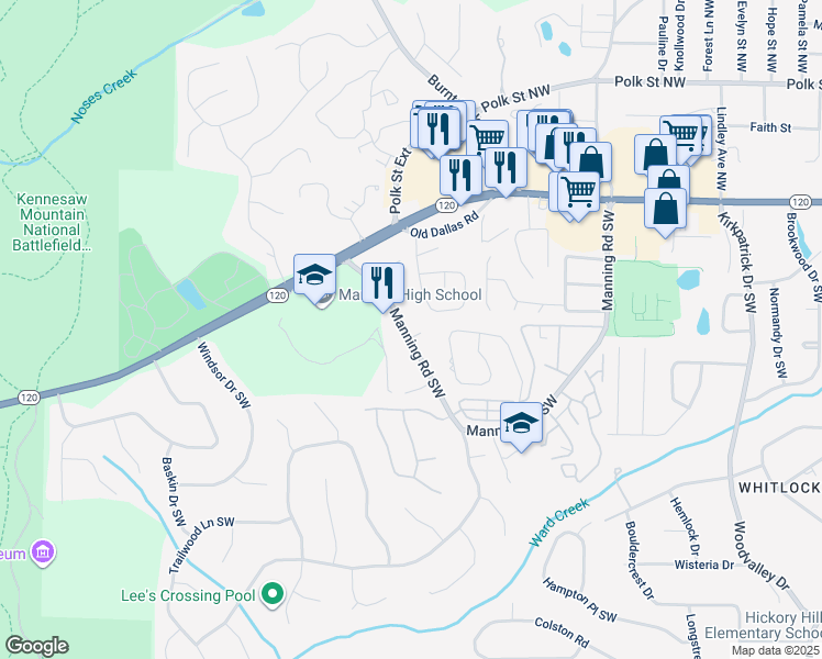 map of restaurants, bars, coffee shops, grocery stores, and more near 813 Manning Way Southwest in Marietta