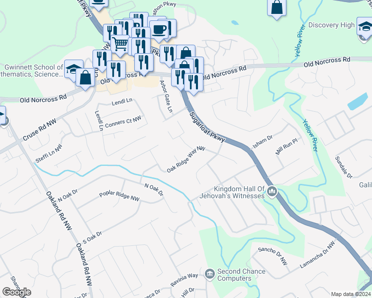 map of restaurants, bars, coffee shops, grocery stores, and more near 693 Maple Lane Northwest in Lawrenceville