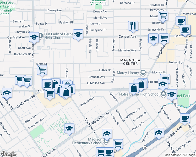 map of restaurants, bars, coffee shops, grocery stores, and more near 4819 Granada Avenue in Riverside