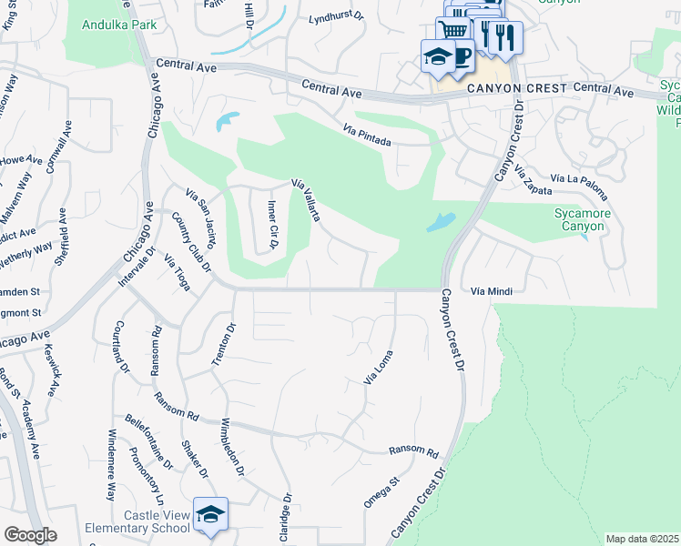 map of restaurants, bars, coffee shops, grocery stores, and more near 5665 Vía Mensabe in Riverside