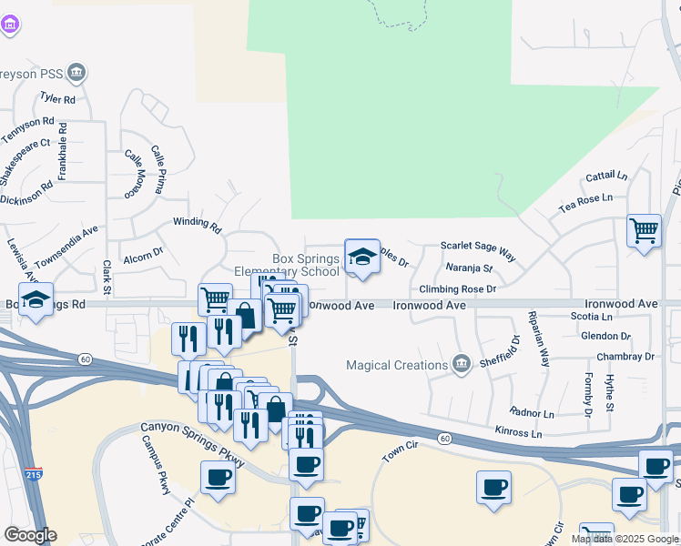 map of restaurants, bars, coffee shops, grocery stores, and more near 22133 Spring Crest Road in Moreno Valley