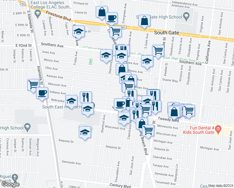map of restaurants, bars, coffee shops, grocery stores, and more near 2946 Missouri Avenue in South Gate