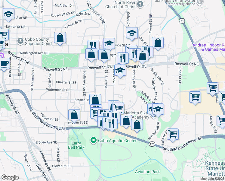 map of restaurants, bars, coffee shops, grocery stores, and more near 156 Park Street Southeast in Marietta