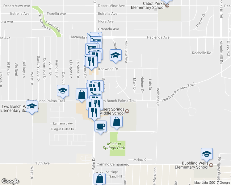 map of restaurants, bars, coffee shops, grocery stores, and more near 66630 Mesquite Avenue in Desert Hot Springs