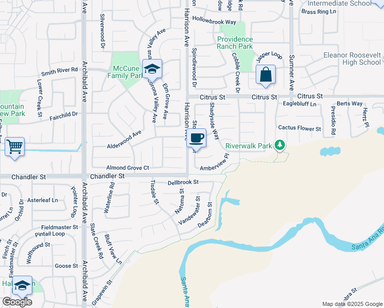 map of restaurants, bars, coffee shops, grocery stores, and more near 7731 Stonegate Drive in Corona