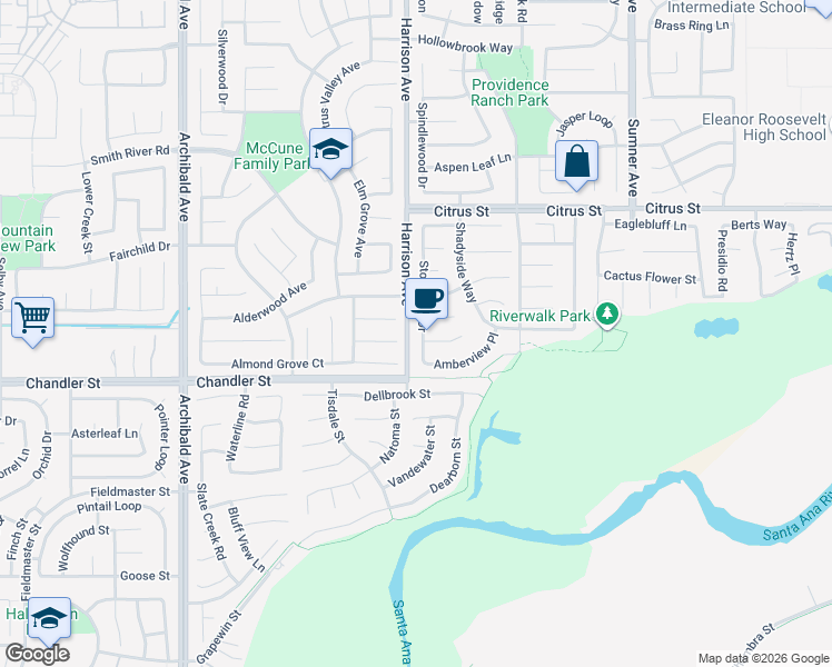 map of restaurants, bars, coffee shops, grocery stores, and more near 7731 Stonegate Drive in Corona