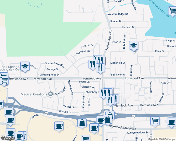 map of restaurants, bars, coffee shops, grocery stores, and more near 22841 Catmint Circle in Moreno Valley