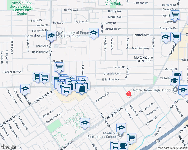 map of restaurants, bars, coffee shops, grocery stores, and more near 6890 Valencia Street in Riverside