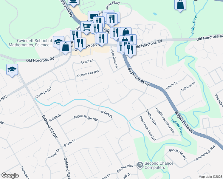 map of restaurants, bars, coffee shops, grocery stores, and more near 1818 Oakland Pointe Northwest in Lawrenceville