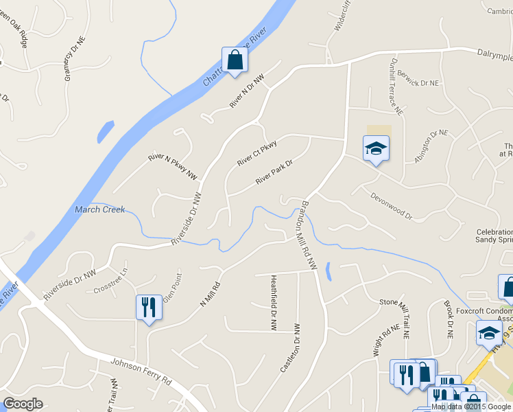 map of restaurants, bars, coffee shops, grocery stores, and more near 7790 Marsh Court Northwest in Atlanta