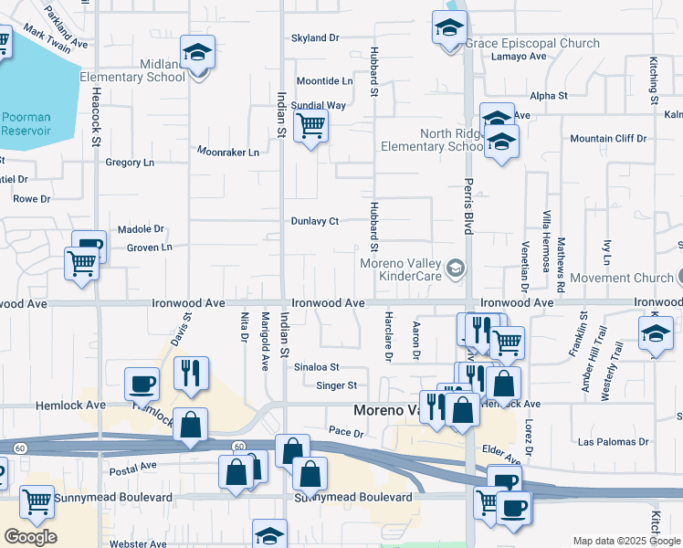 map of restaurants, bars, coffee shops, grocery stores, and more near 11924 Welby Place in Moreno Valley