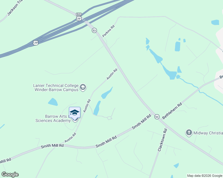 map of restaurants, bars, coffee shops, grocery stores, and more near 986 Austin Road in Winder