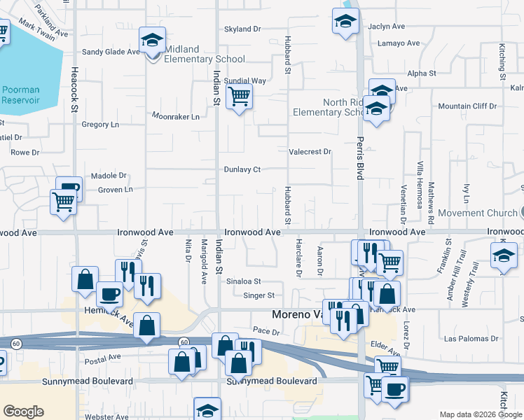 map of restaurants, bars, coffee shops, grocery stores, and more near 11924 Welby Place in Moreno Valley