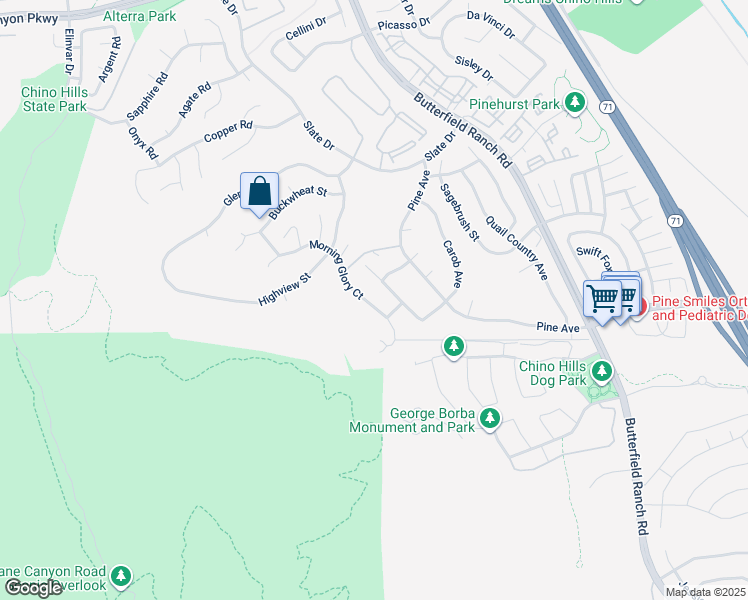 map of restaurants, bars, coffee shops, grocery stores, and more near 16843 Morning Glory Court in Chino Hills