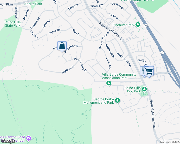 map of restaurants, bars, coffee shops, grocery stores, and more near 16843 Morning Glory Court in Chino Hills