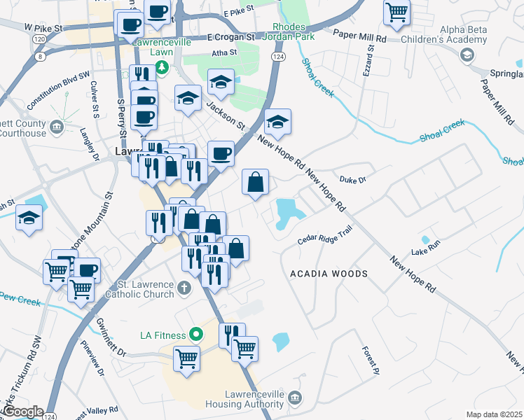 map of restaurants, bars, coffee shops, grocery stores, and more near 217 Yuba Walk in Lawrenceville
