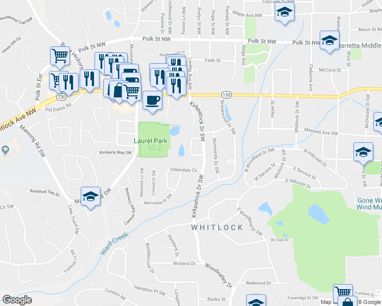 map of restaurants, bars, coffee shops, grocery stores, and more near 585 Westchester Circle in Marietta