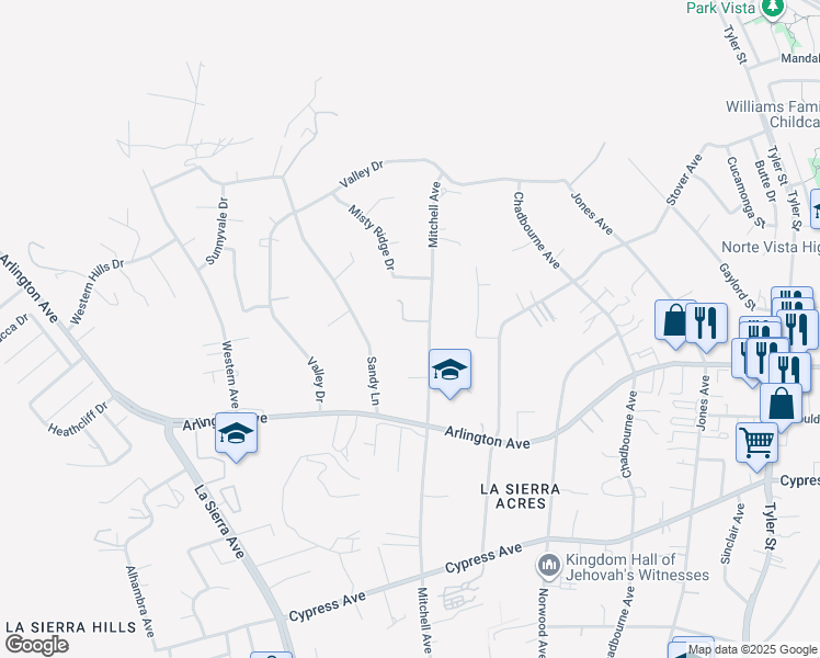 map of restaurants, bars, coffee shops, grocery stores, and more near 6552 Mitchell Avenue in Riverside
