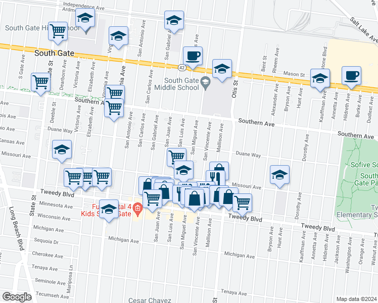 map of restaurants, bars, coffee shops, grocery stores, and more near 9517 San Miguel Avenue in South Gate