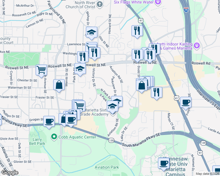 map of restaurants, bars, coffee shops, grocery stores, and more near 824 Mimosa Drive Southeast in Marietta