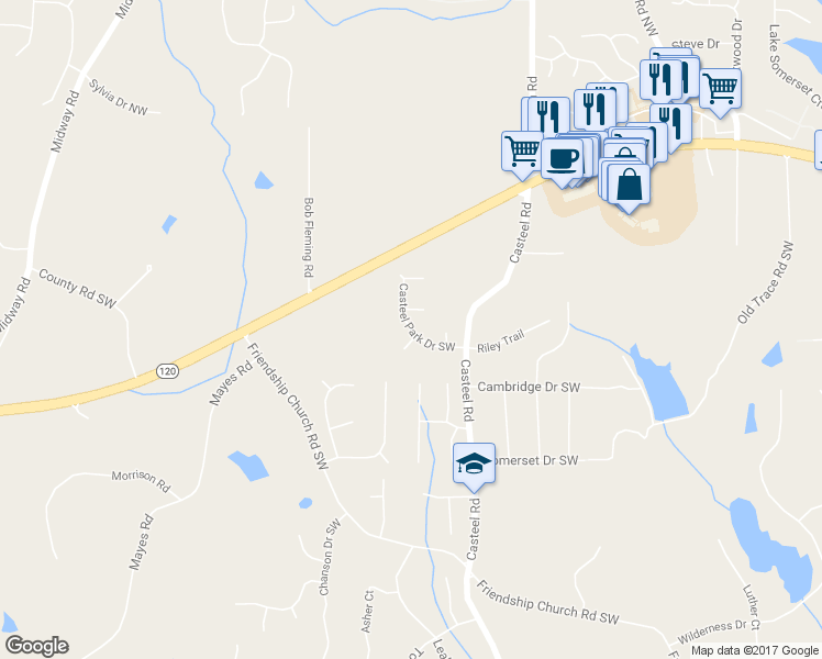 map of restaurants, bars, coffee shops, grocery stores, and more near 3722 Casteel Park Drive Southwest in Marietta
