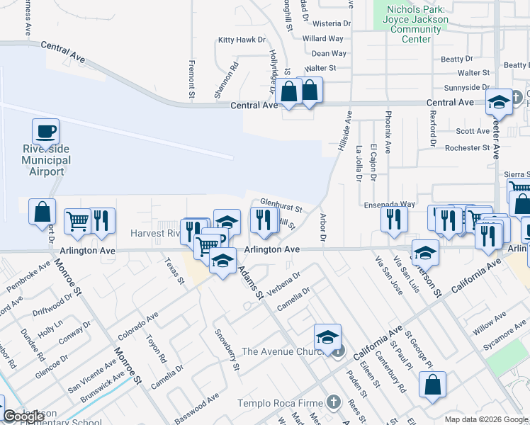 map of restaurants, bars, coffee shops, grocery stores, and more near 5945 Crystal Hill Street in Riverside