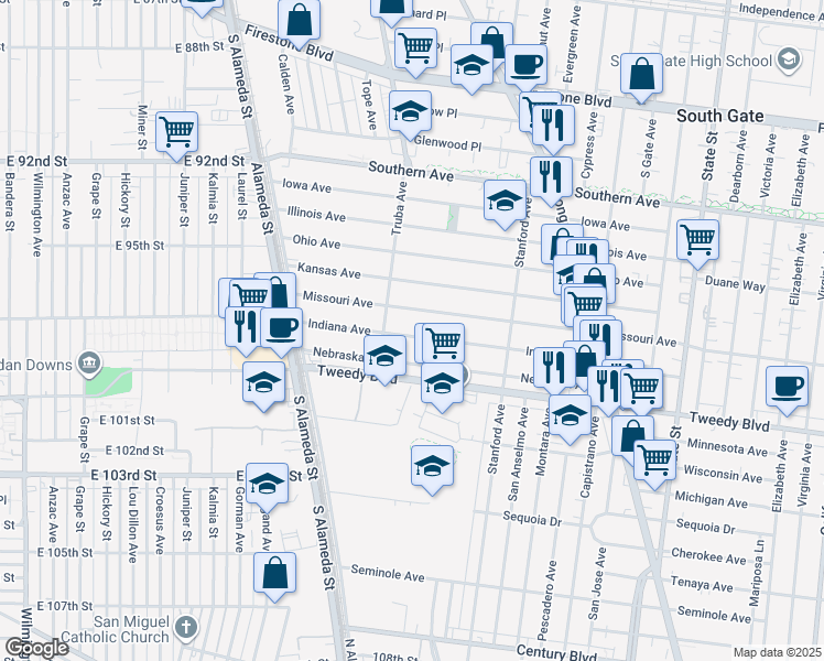 map of restaurants, bars, coffee shops, grocery stores, and more near 2635 Indiana Avenue in South Gate