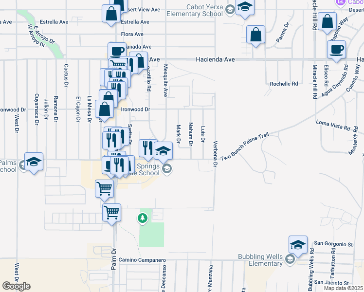 map of restaurants, bars, coffee shops, grocery stores, and more near 13849 Mark Drive in Desert Hot Springs