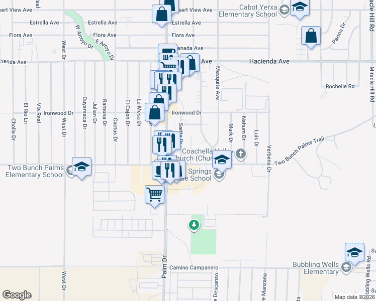 map of restaurants, bars, coffee shops, grocery stores, and more near 13800 Susan Way in Desert Hot Springs