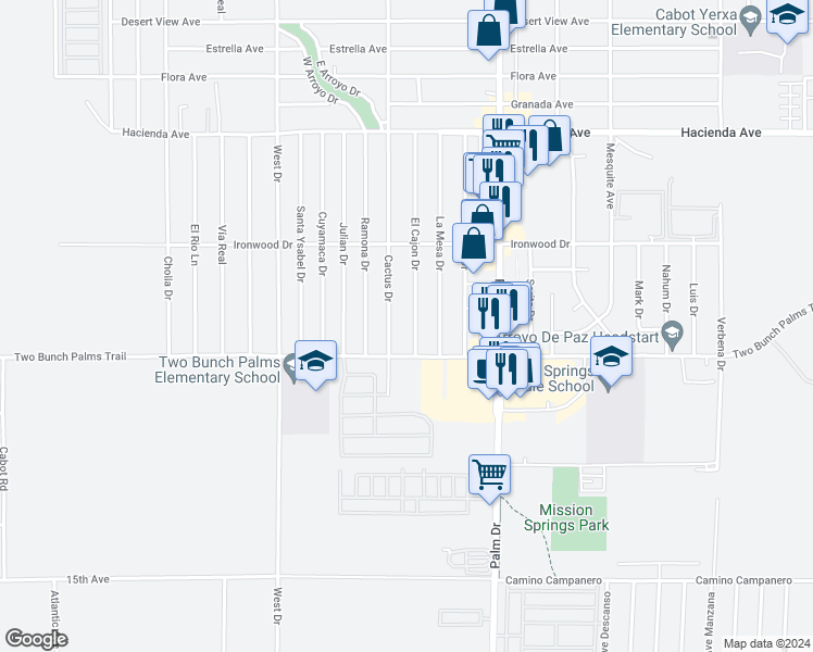 map of restaurants, bars, coffee shops, grocery stores, and more near 13851 El Cajon Drive in Desert Hot Springs
