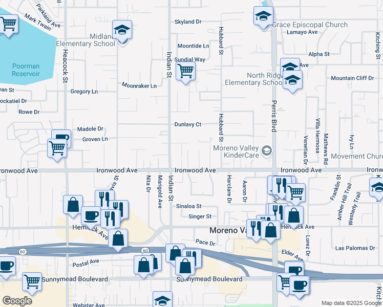 map of restaurants, bars, coffee shops, grocery stores, and more near 11913 Weller Place in Moreno Valley