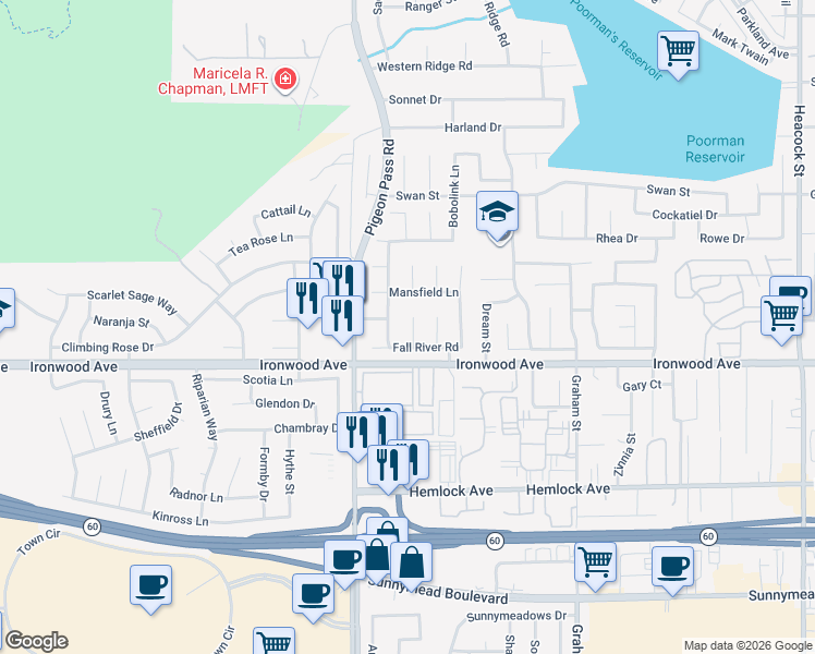 map of restaurants, bars, coffee shops, grocery stores, and more near 11905 Hartland Place in Moreno Valley