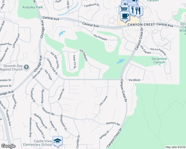 map of restaurants, bars, coffee shops, grocery stores, and more near 5665 Vía Mensabe in Riverside
