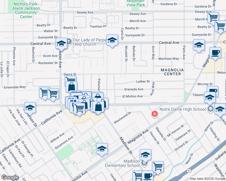 map of restaurants, bars, coffee shops, grocery stores, and more near 6890 Valencia Street in Riverside