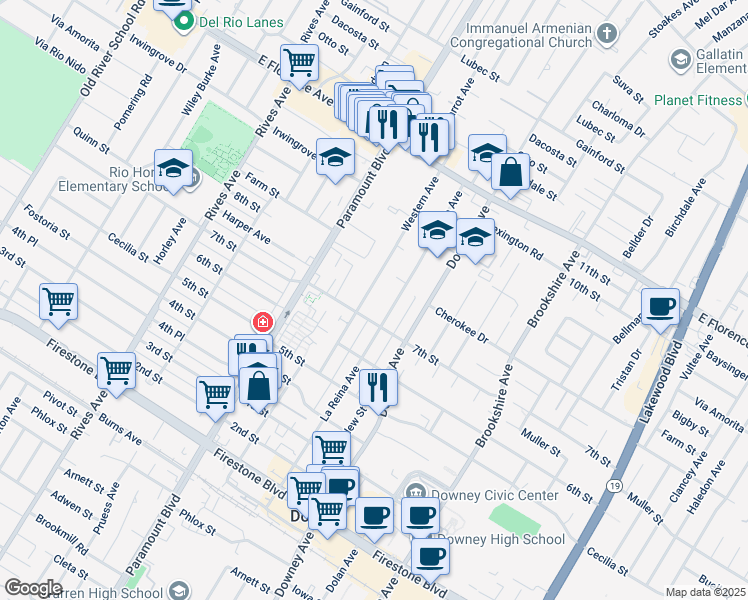 map of restaurants, bars, coffee shops, grocery stores, and more near 10524 Western Avenue in Downey