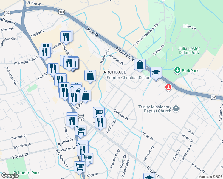 map of restaurants, bars, coffee shops, grocery stores, and more near 14 Gertrude Court in Sumter