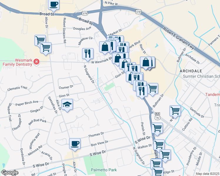 map of restaurants, bars, coffee shops, grocery stores, and more near 2008 Gion Street in Sumter