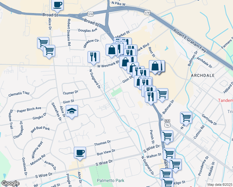 map of restaurants, bars, coffee shops, grocery stores, and more near 2008 Gion Street in Sumter
