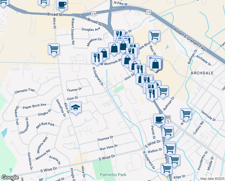 map of restaurants, bars, coffee shops, grocery stores, and more near 2008 Gion Street in Sumter