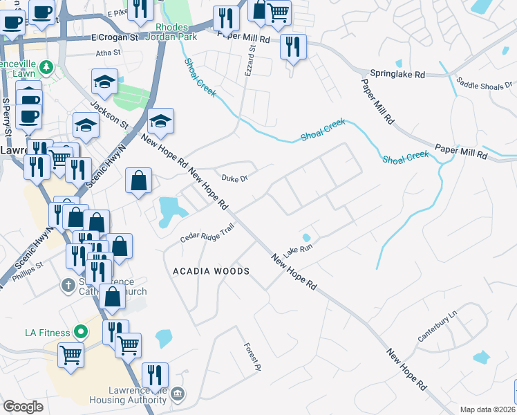 map of restaurants, bars, coffee shops, grocery stores, and more near 155 Wayside Drive in Lawrenceville