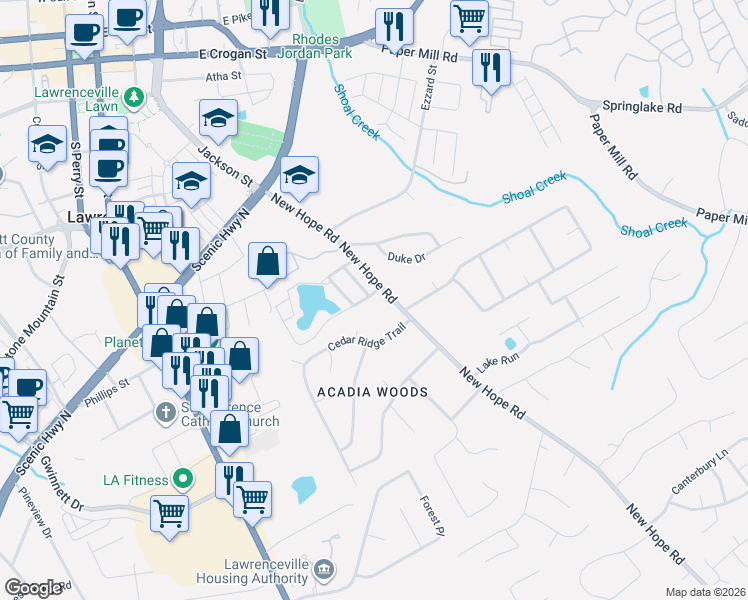 map of restaurants, bars, coffee shops, grocery stores, and more near 1946 New Hope Road in Lawrenceville