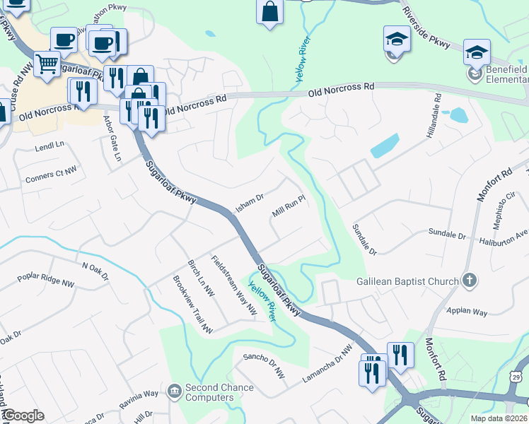 map of restaurants, bars, coffee shops, grocery stores, and more near 593 Mill Run Place in Lawrenceville