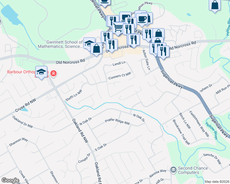 map of restaurants, bars, coffee shops, grocery stores, and more near 755 Lendl Lane in Lawrenceville