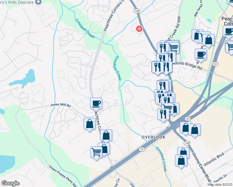 map of restaurants, bars, coffee shops, grocery stores, and more near 417 Glenleaf Drive in Peachtree Corners