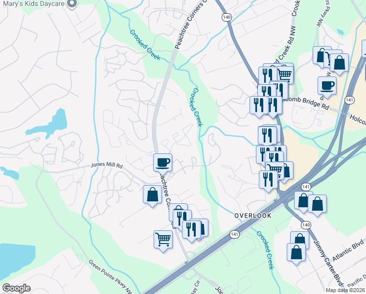 map of restaurants, bars, coffee shops, grocery stores, and more near 308 Glenleaf Drive in Norcross